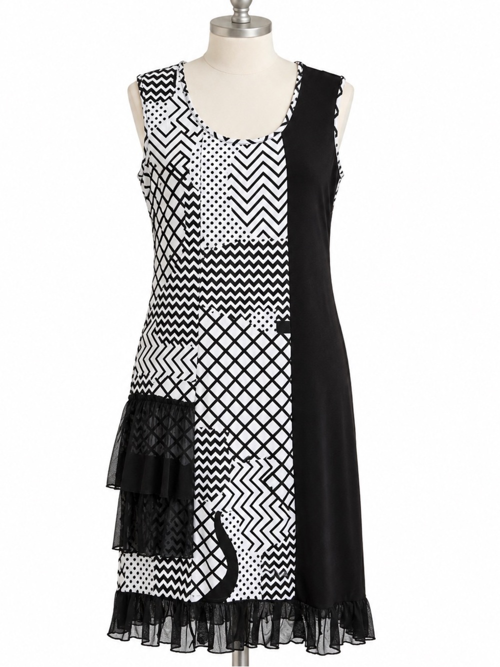 Sleeveless Black & White Patchwork Mini Dress with Ruffle Trim
